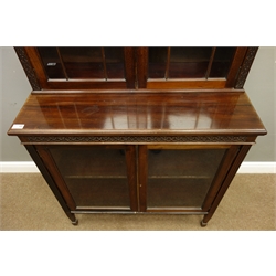  Edwardian mahogany display cabinet fitted with four glazed doors, blind fret work frieze and upright decoration, square taping supports with spade feet, W94cm, H201cm, D46  