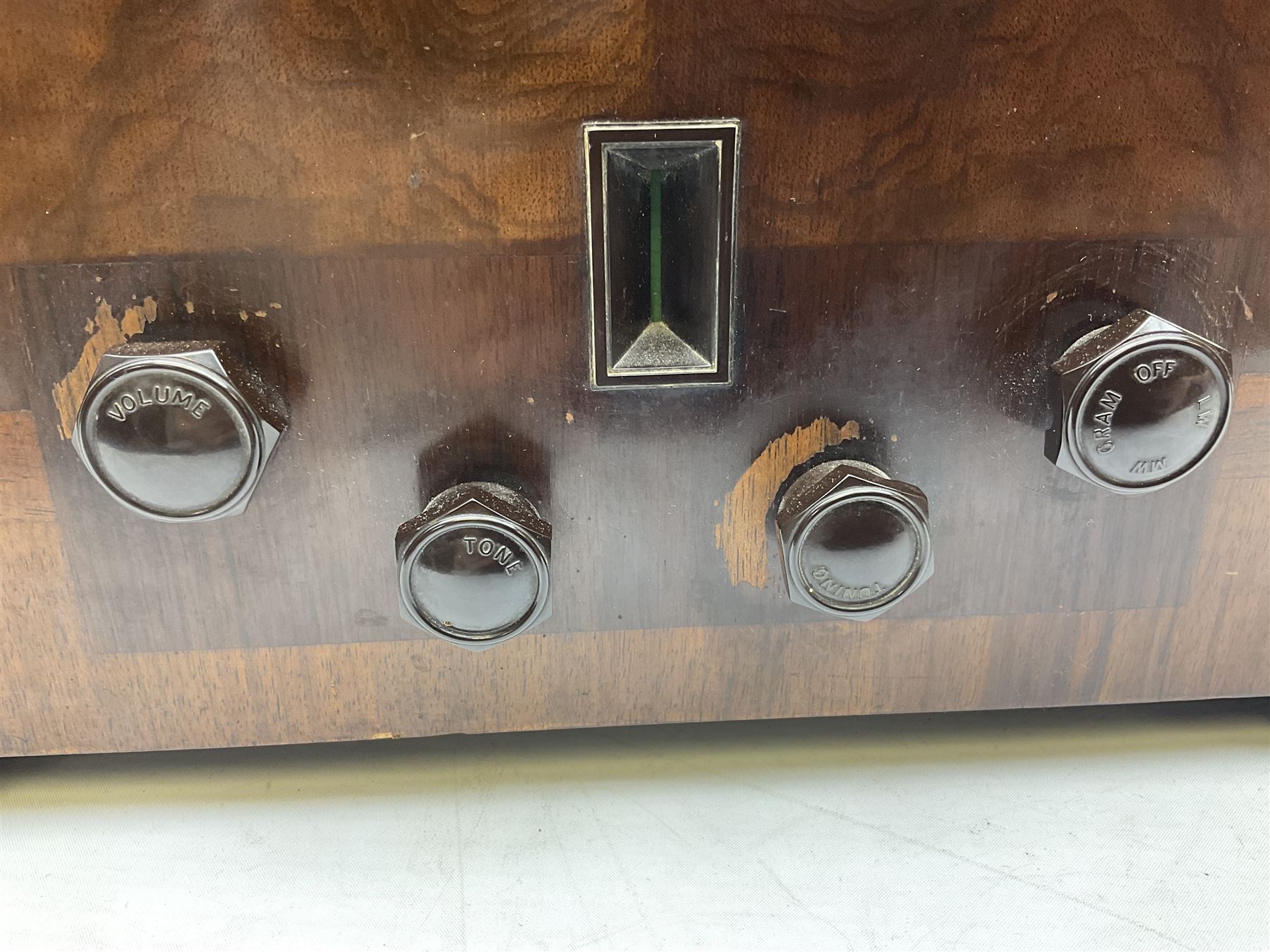 1930s Marconi model 296 valve radio, with Bakelite knobs and trim and 'M' over speaker fret, H40cm W46cm D27cm, together with 1930s Ferguson 702 valve radio with Bakelite knobs, H47cm