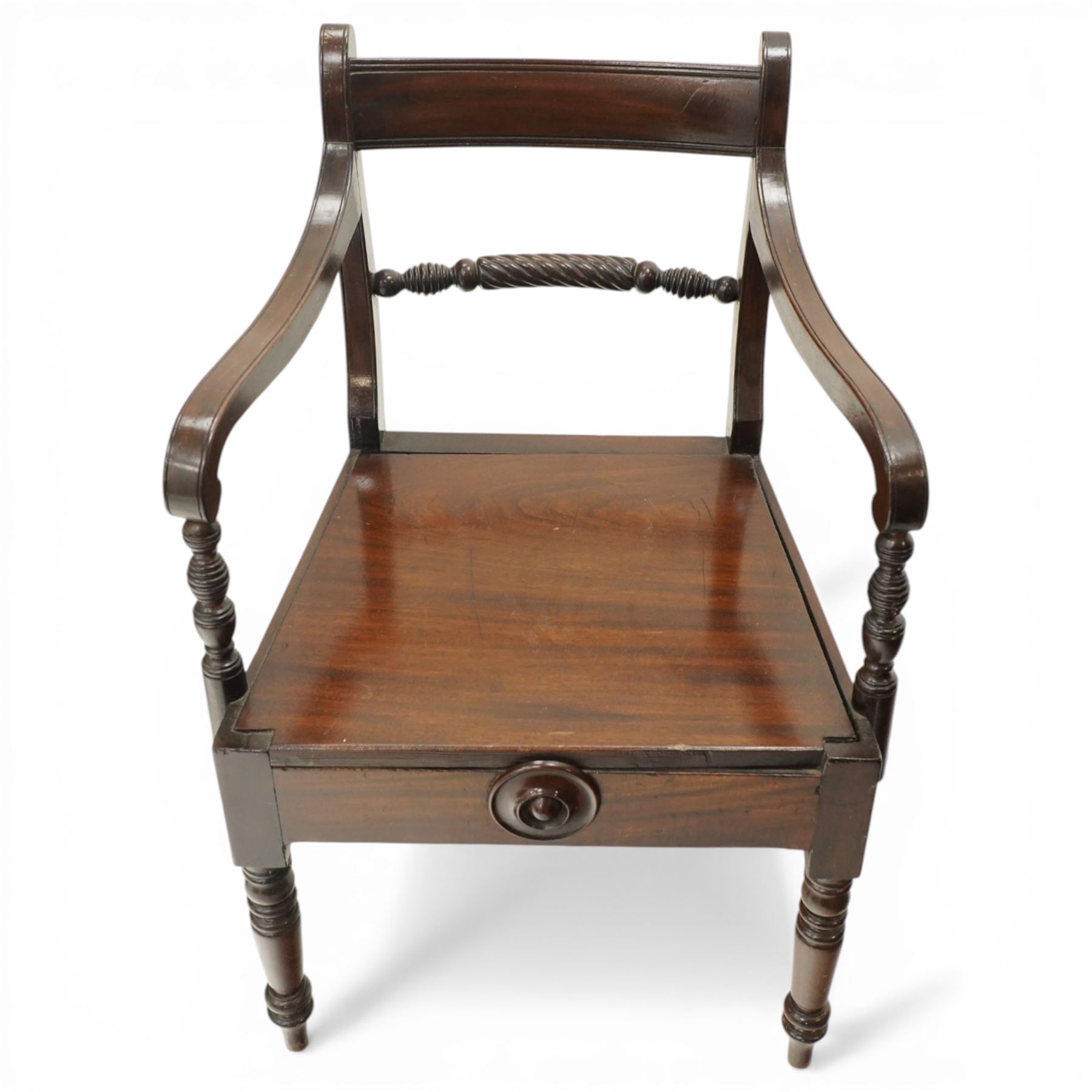 19th century Carolean design oak hall chair, carved cresting rail over barley-twist uprights, high back and loose seat upholstered in wool-work foliate tapestry (W46cm H116cm); 19th century elbow chair mahogany with spiral turned centre rail and roundel-applied frieze (W56cm H85cm)
