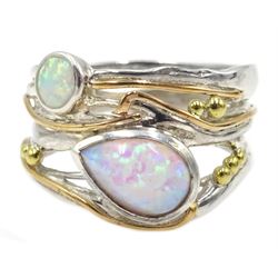 Silver and 14ct gold wire two stone pear shaped and round opal openwork ring, stamped 925 