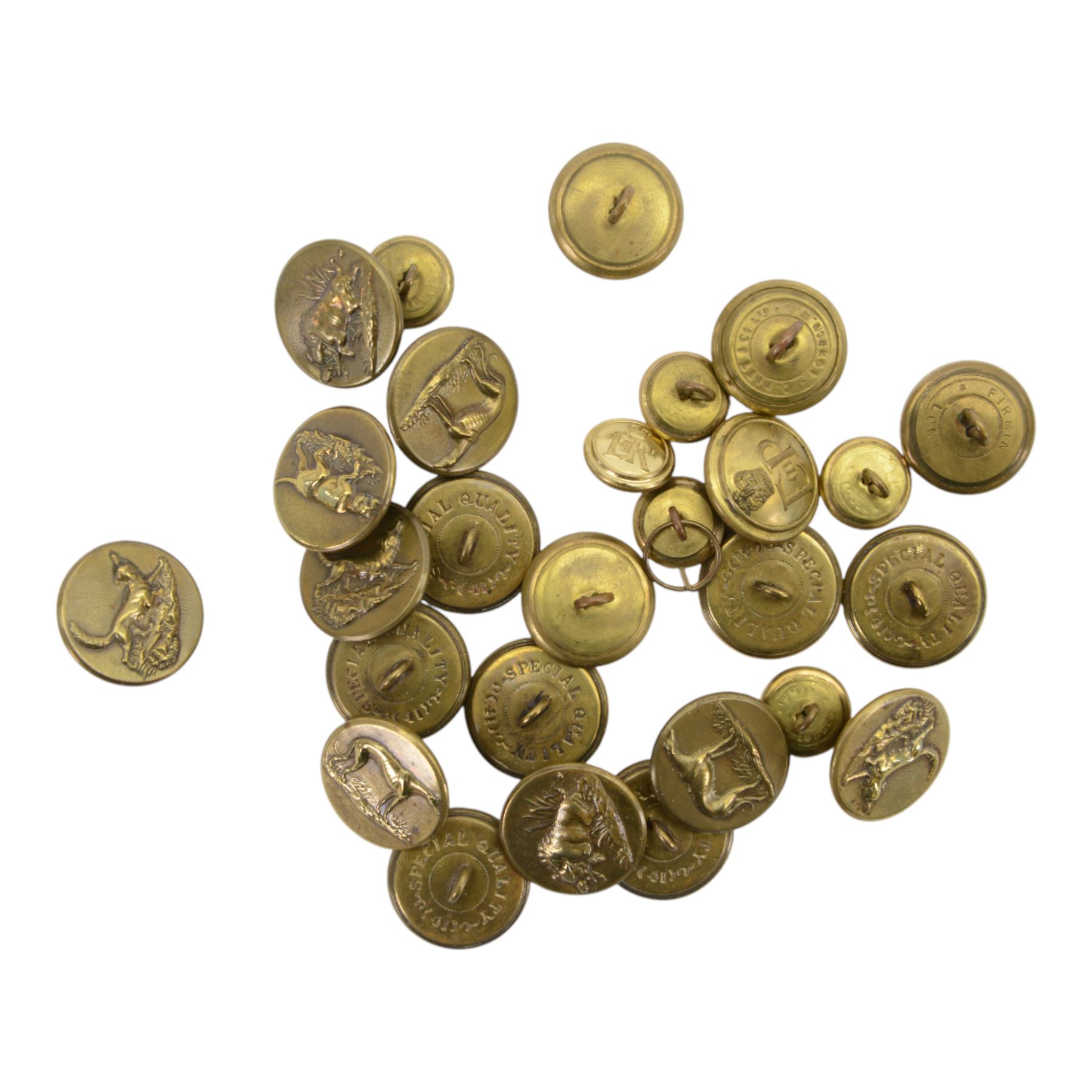 Set of brass animal buttons marked Special Quality, together with a set of Queen Elizabeth II buttons by Pitt & Co