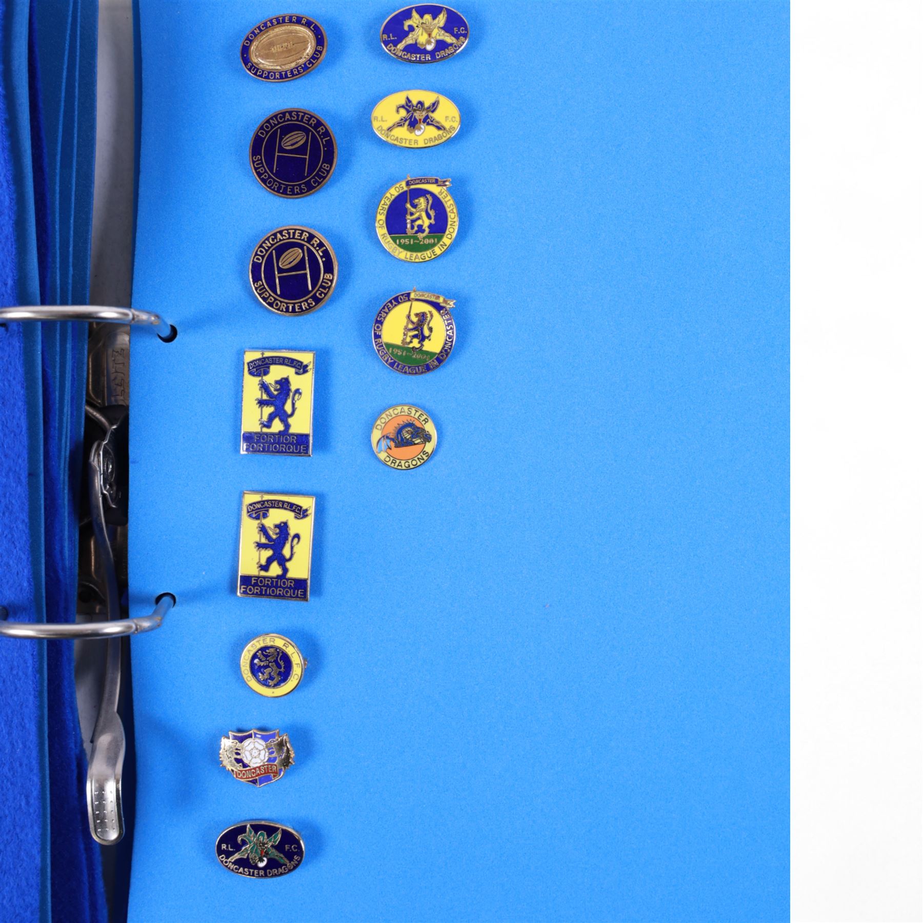 Rugby league enamel badge collection, from Barrow Raiders, Batley, Blackpool Panthers, Bradford Northern, Bradford Bulls, Bramley, Castleford, Catalan Dragons, Celtic Crusaders, Dewsbury Rams, Doncaster, Featherstone Rovers and Halifax, housed in two folders, (approximately 280)