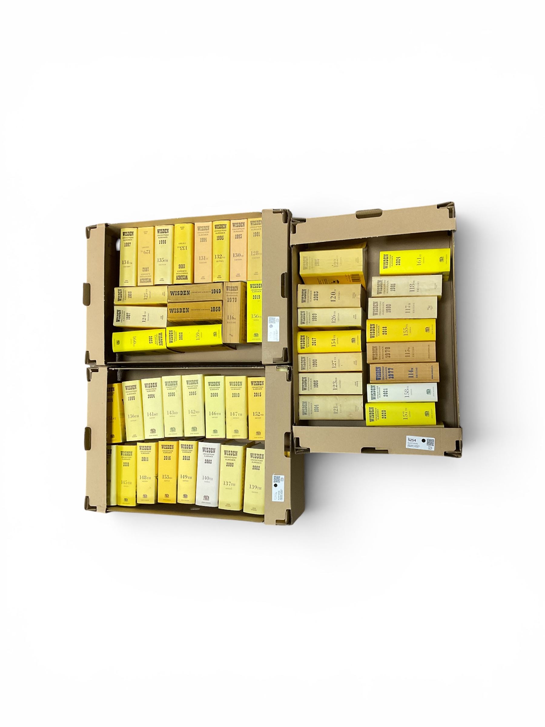 Wisden Cricketer's Almanacs, 1949, 1950, and 1977-2024,approximately fifty in three boxes 
