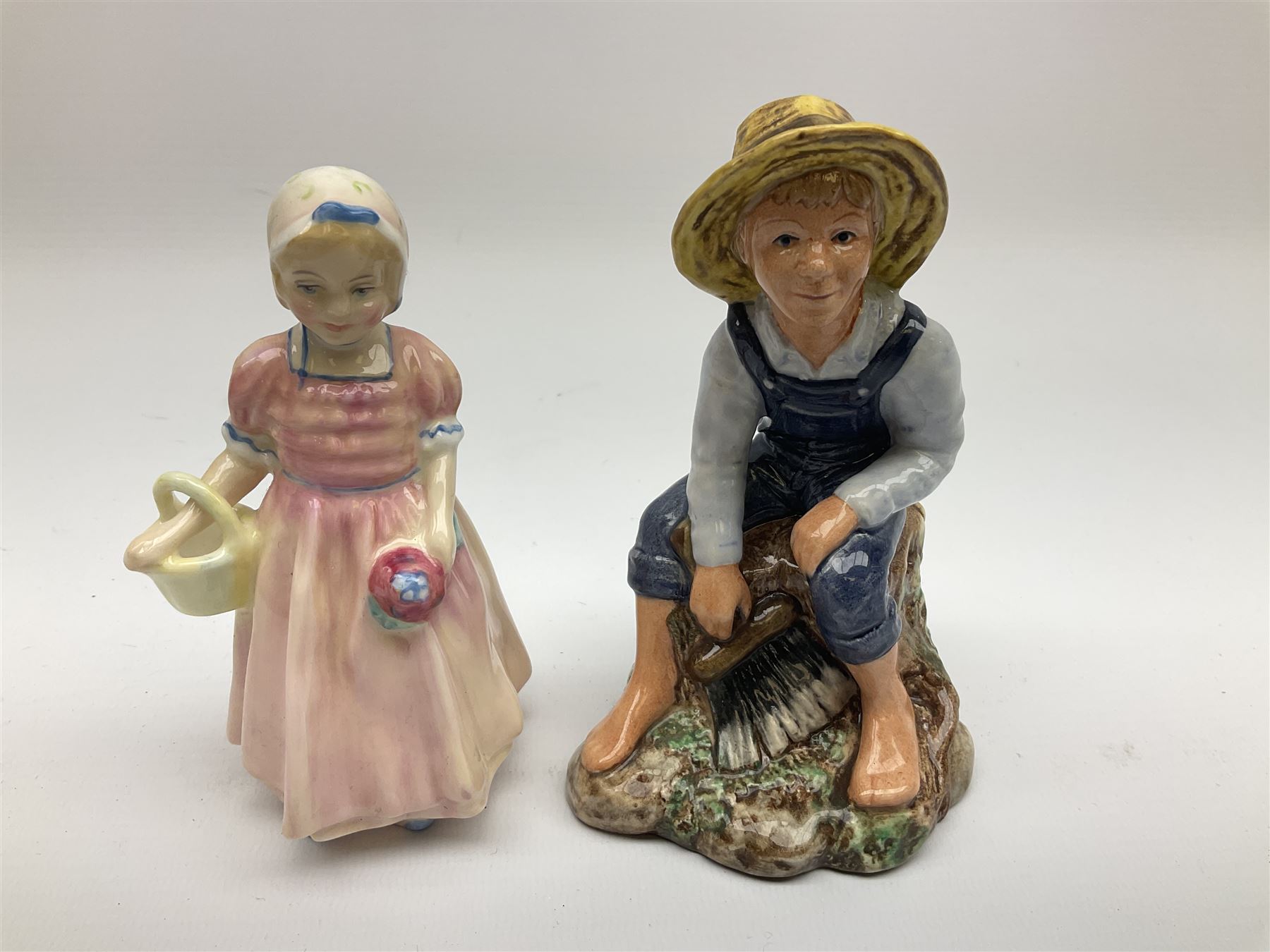 Group of figures, comprising six Royal Doulton examples, Daydreams HN1731, Silks and Ribbons HN2017, Tom Sawyer HN2926, Marie HN1370, Bo-Peep HN1811, and Tinkle Bell HN1677, together with a Dresden type 'lace' example, and a Coalport 'Swiss Cottage', (8)