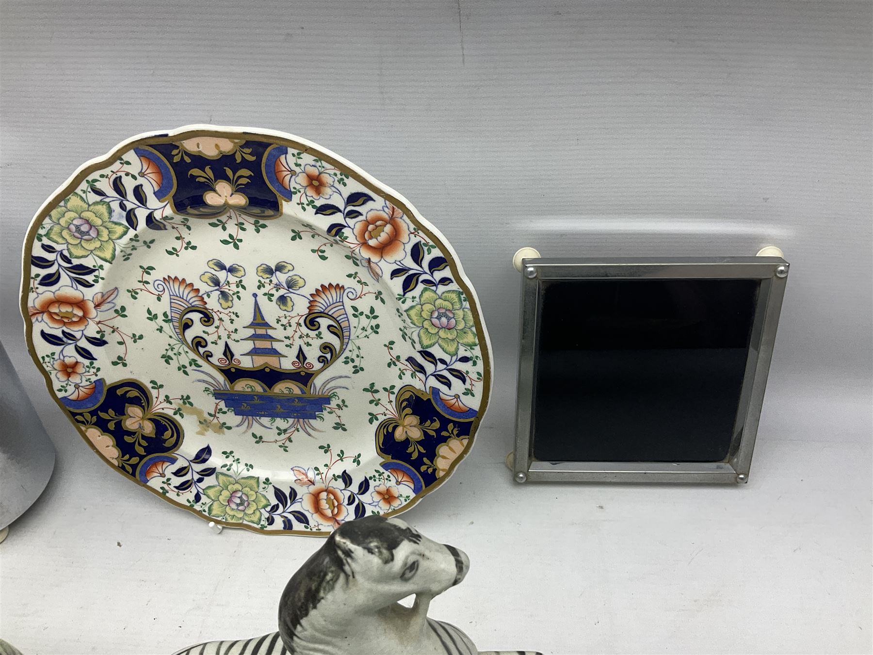 Stayhot teapot and coffee pot, with silver plate clad ceramic bodies, together with another similar coffee pot, jug and sucrier, Staffordshire style flatback figures comprising pair of zebras and cavalier type figure, Melba Ware woodland jug etc