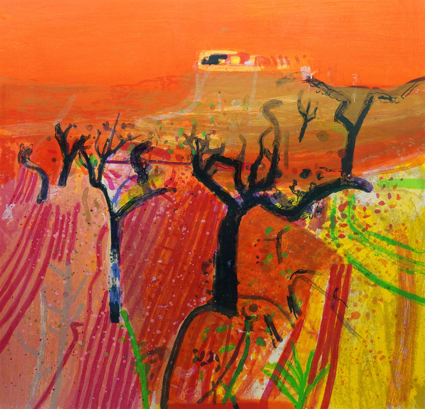 Barbara Rae (Scottish 1943-): 'Winter Almonds', limited edition screenprint in colours signed and numbered 75/125 in pencil 79cm x 81cm
Provenance: The Stour Gallery, Eastway, London 