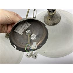 Three frosted glass light fittings with brushed metal mounts, approx L30cm excl fitting