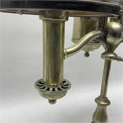 Miller & Sons Piccadilly polished brass double adjustable student's oil lamp, with green glass shades, H52cm