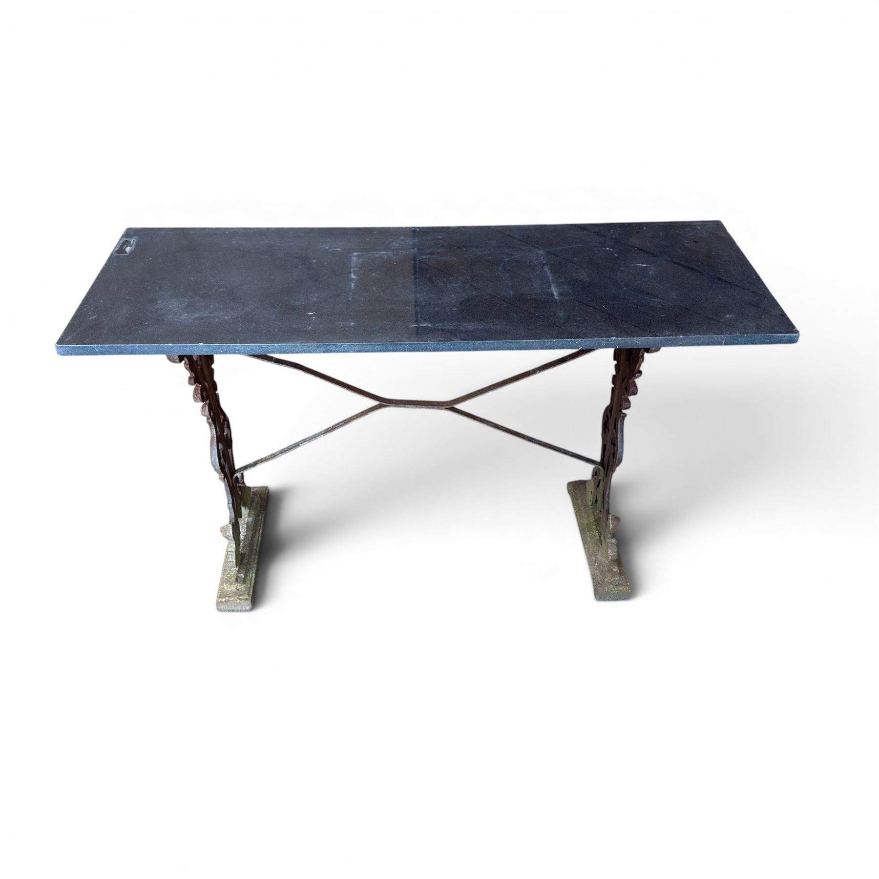 Edwardian ornate cast iron garden table, later rectangular granite top