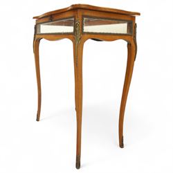 Louis XV revival style walnut bijouterie table, rectangular serpentine form, with brass edging and a hinged floral marquetry inlaid lid with bevelled glass top and sides, gilt-bronze beaded border, interior lined with rich red velvet, raised on slender cabriole legs with gilt bronze masks and sabots, circa 1900