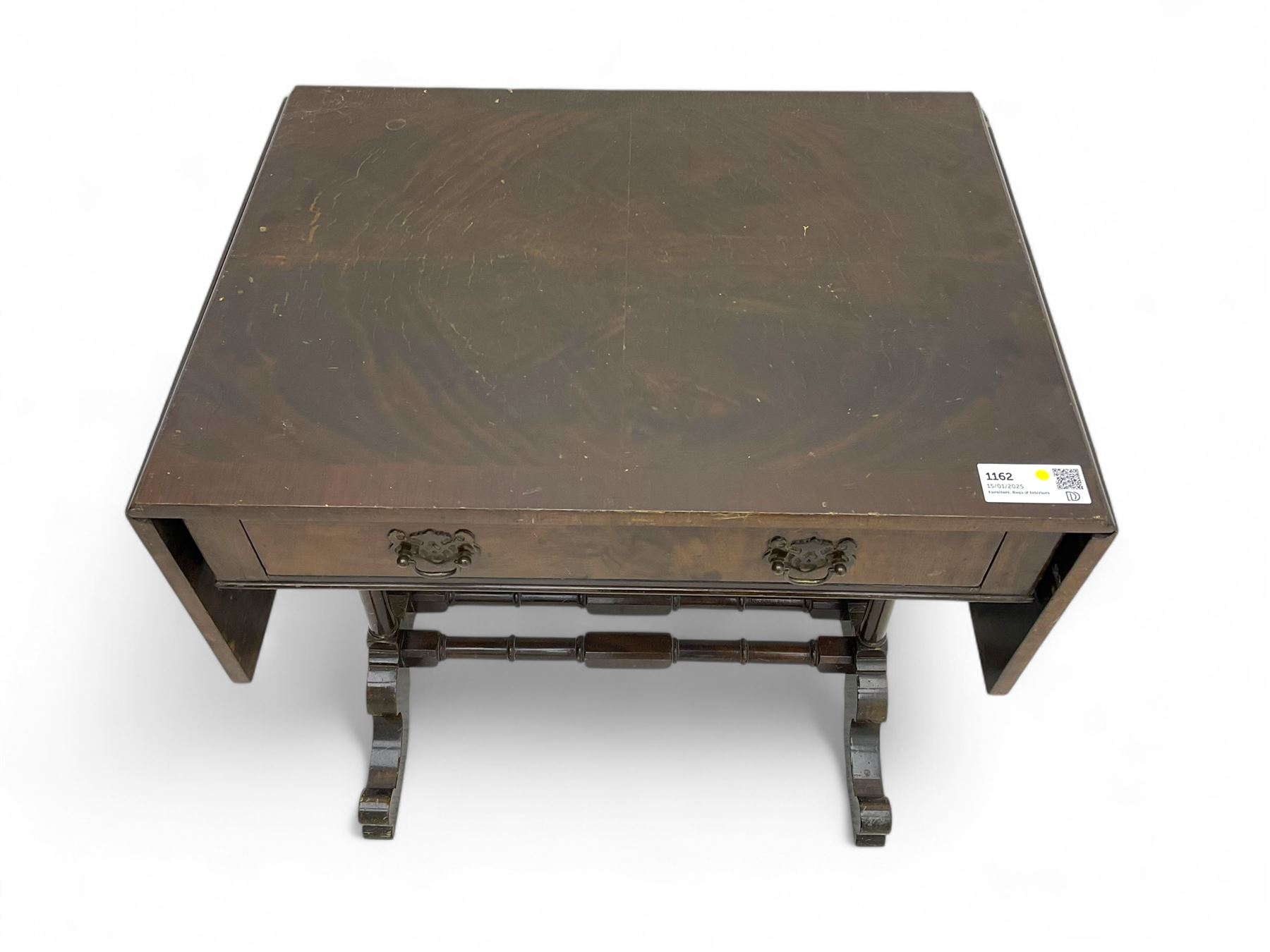 Small Victorian drop-leaf occasional table, rectangular top with drop sides and single frieze drawer, on turned supports and scrolled feet joined by twin stretchers