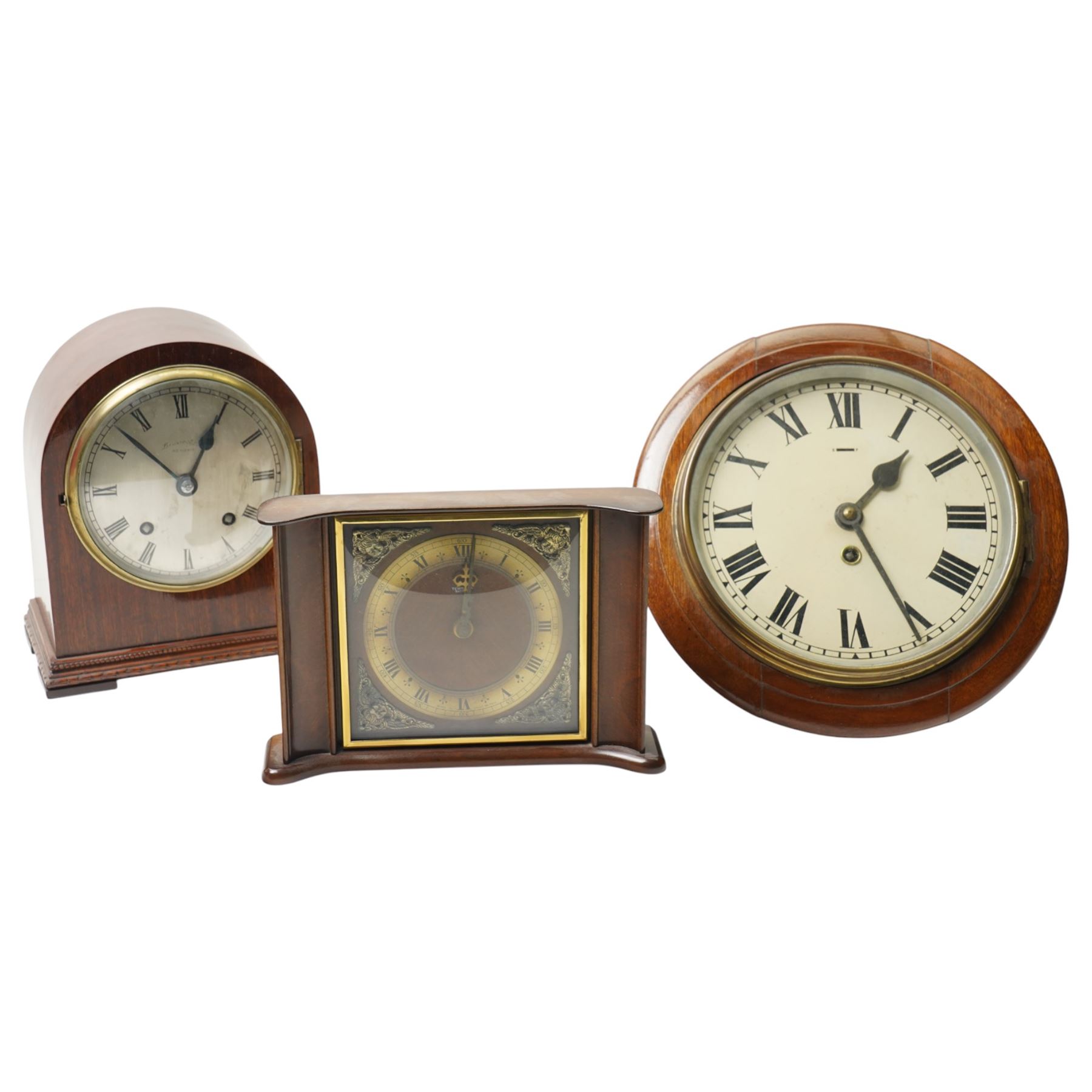 Two 8-day 20th century spring driven mantle clocks and an 8-day spring driven wall clock with a 7
