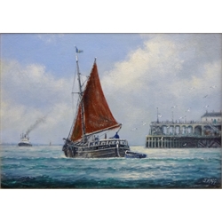  Jack Rigg (British 1927-): Sailing Barge in the Estuary, oil on board signed,  24cm x 34cm   