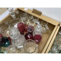 Millefiori paperweight, together with Caithness paperweight, Isle of Wight vase, cranberry glass tumblers, claret jug, decanters and other glassware, in three boxes 