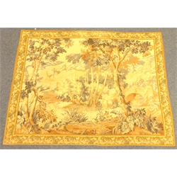  Large French Panneaux Gobelins machine woven tapestry wall hanging, depicting Chateau and the wooded grounds, featuring a lake & bridge, within a floral border, bearing label, L208cm x H160cm  