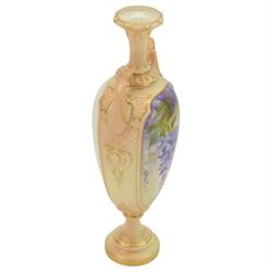 20th century Royal Worcester twin handled pedestal vase, the panels decorated with wisteria and signed Cole, with puce printed mark beneath, H27cm