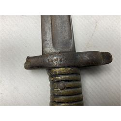 Five 19th century bayonets in relic condition without scabbards comprising British Pattern 1876 socket bayonet with Indian markings; French Model 1874 epee bayonet; and three French Model 1866 sabre bayonets (5)