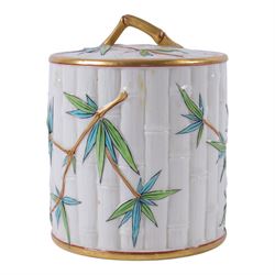 Royal Worcester Blush Ivory biscuit barrel and lid, in the form of bamboo with painted lea...