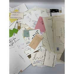 Collection of over 600 autographs on cards, clipped pieces, letters etc including William Gladstone, Lord North, Randolph Churchill, Hugh Dalton, Philip Noel-Baker, Philip Burne-Jones, Tiger Woods, Ben Hogan, Cindy Crawford, Viv Nicholson, Roddy Doyle, Diana Cooper, Woody Allen, Roy Orbison, Mary Wilson, Sammy Davis Jr., Clive Brook, Roger Quilter, Chay Blyth, Chris Bonington, John Lodge, Trevor Bayliss, Penelope Wilton, Tom O'Connor, Charles Aznavour, Alan Tichmarsh, Michael Ball, Thelma Barlow, Jack Brymer, Paul Badura-Skoda, John Lill, John Conteh, Charlotte Knollys, Arthur Godfrey, Eric Sykes, Queen Noor of Jordan, Victoria Gledenning, Madeleine Albright etc