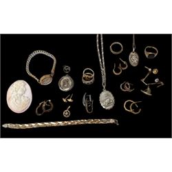 Georg Jensen silver St Christoper's pendant, 9ct gold jewellery including earrings and stone set ring, cameo, silver jewellery and a 9ct gold wristwatch, on expanding gilt strap