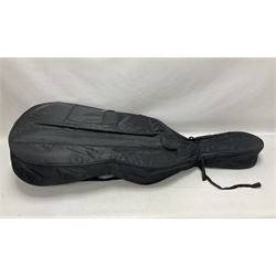 3/4 size cello with soft case, 69cm back length, 114cm full length, with bridge, ebonised tail piece and fingerboard.