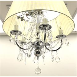 Modern chrome effect chandelier with five scrolling branches supporting swags and drops, approximately H52cm, together with a cream fabric shade, base D50cm