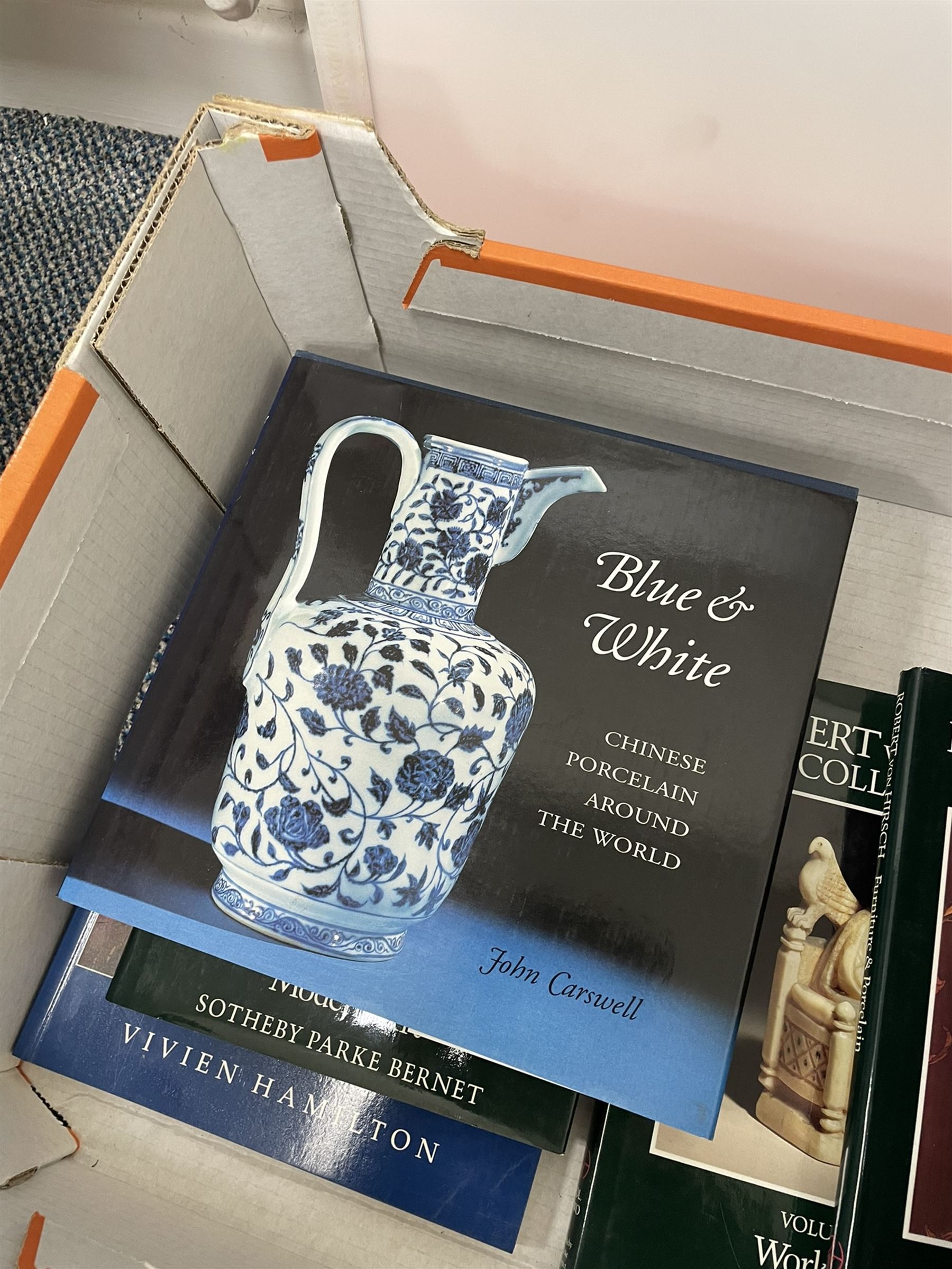 Box of antiques reference books - including Robert von Hirsch Collection catalogues; 'Glasgow Girls' Ed. by Jude Burkhauser; 'Blue & White, Chinese Porcelain Around the World' by John Carswell; Porcelain for Palaces, The Fashion for Japan In Europe', Celadon Wares; etc.