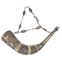 Horn powder flask, with metal mounts embossed with foliate decoration, L40cm
