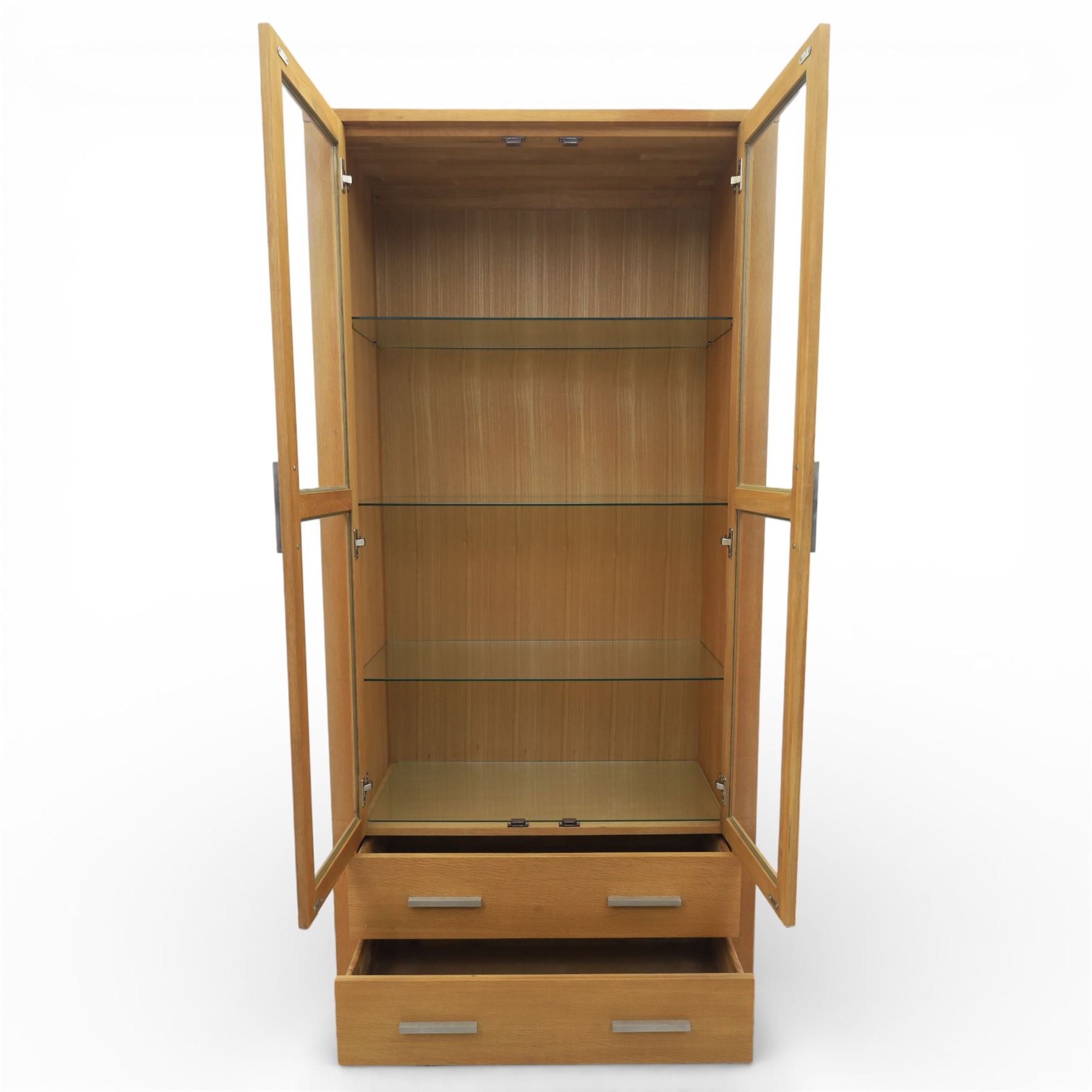 Solid light oak bookcase display cabinet, fitted with two glazed cupboards and two drawers