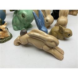 Collection of Sylvac and similar animal figures, including rabbits, hares and dogs, together with Falcon budgie vase, etc 