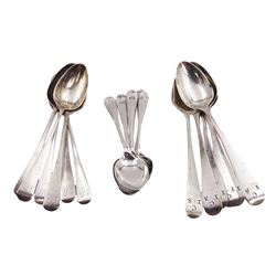 Set of six George III silver Old English pattern teaspoons, with engraved initials, hallmarked William Bateman, London 1820, together with a similar set of six George III teaspoons, hallmarked John & Henry Lias, London 1820 and a set of six 1920s Hanoverian pattern teaspoons, engraved with initials, hallmarked Cooper Brothers & Sons Ltd, Sheffield 1923 