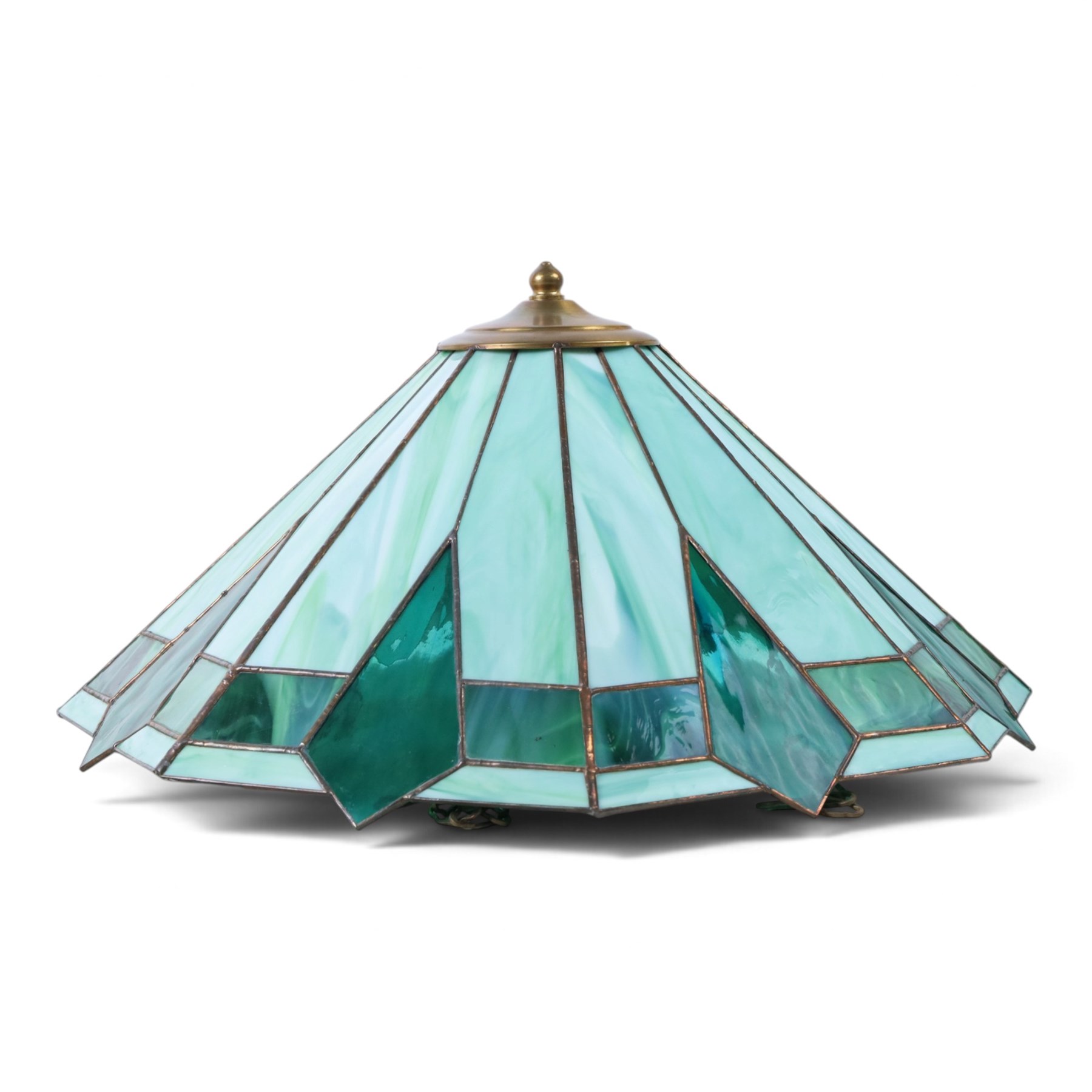 Pair of Tiffany style green stained glass shades with geomatic design, D50cm