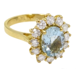 18ct gold oval aquamarine and diamond cluster ring, hallmarked, aquamarine approx 1.60 carat,m diamond total weight approx 0.90 carat
