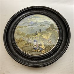 Six framed Prattware pot lids comprising 'Harbour of Hong Kong', 'Sandringham the Seat of HRH The Prince of Wales', 'Sebastopol', 'The Square, Strasbourg', 'Shooting Bears' and one other, each in plain and ebonised frames, largest D18.5cm (including frame) (6)
