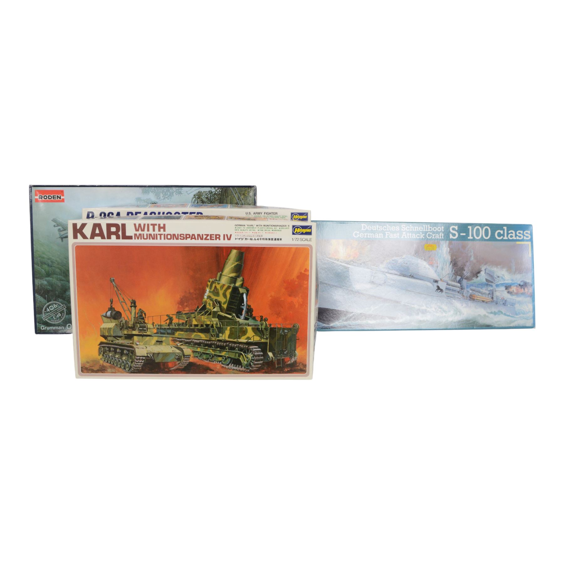 Sixteen military model kits of varying scales, comprising Hasegawa Karl with Munitionspanzer IV, two RPM Tankietki kits, Academy US Howitzer Motor Carriage M7 Priest, Roden Grumman OV-1A Mohawk, Hasegawa P-26A Peashooter, Dragon Modern Soviet Aircraft Weapons sets 1-3, Trumpeter Chinese Type 33G Submarine, Trumpeter USSR Navy Sovremenny Class Project 956 Destroyer, Revell WWII Ground Support Equipment, Tamiya German Machine Gun Troops, Tamiya Panzer Grenadiers, Fujimi US Navy Flight Deck Crew and Revell S-100 Class Deutsches Schnellboot German Fast Attack Craft, all boxed
