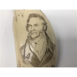 Scrimshaw style resin whale's tooth with incised decoration commemorating William Scoresby and The Baffin, Whitby, L14cm