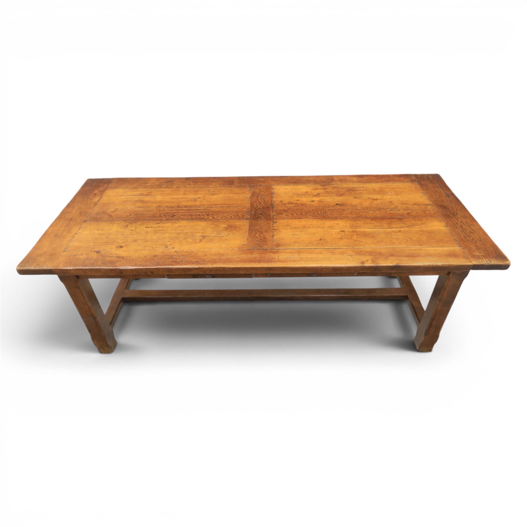 Country pine draw leaf table, bench seat and six chapel chairs, the top of plank construction, with two frieze drawers, additional leaves extending to 320cm, with bench seat and six elm chapel seats