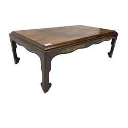 19th century rosewood opium table, rectangular top with moulded edge, the shaped apron decorated with applied brass scrolling foliate detail, raised on shaped supports with stylised leaf feet and cockbeaded edge