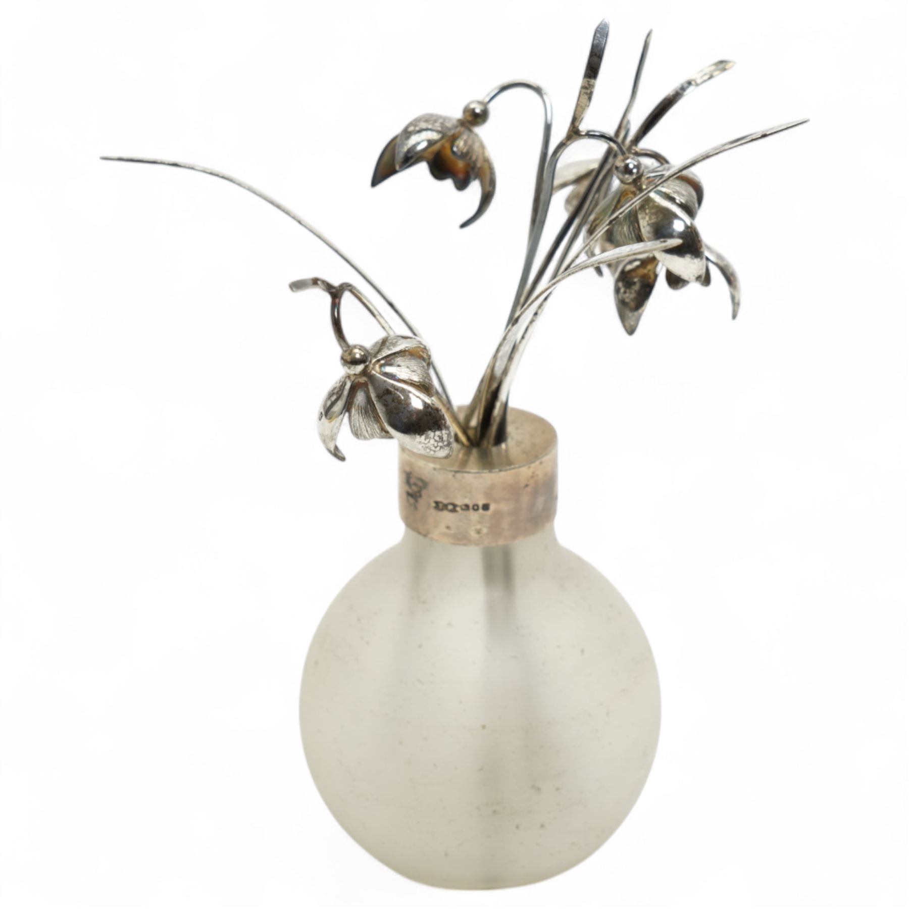 Frosted glass vase with silver collar containing silver snowdrops and leaves H11cm overall London 1998 Makers Mark TP