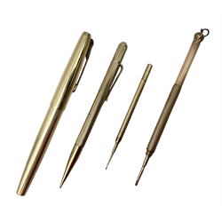 9ct gold propelling pencil with engine turned decoration and vacant cartouche, by S J Rose & Son, stamped 375, L12cm, together with a Parker 12ct rolled gold fountain pen, and two rose gold engine turned propelling pencils to include a rose gold example