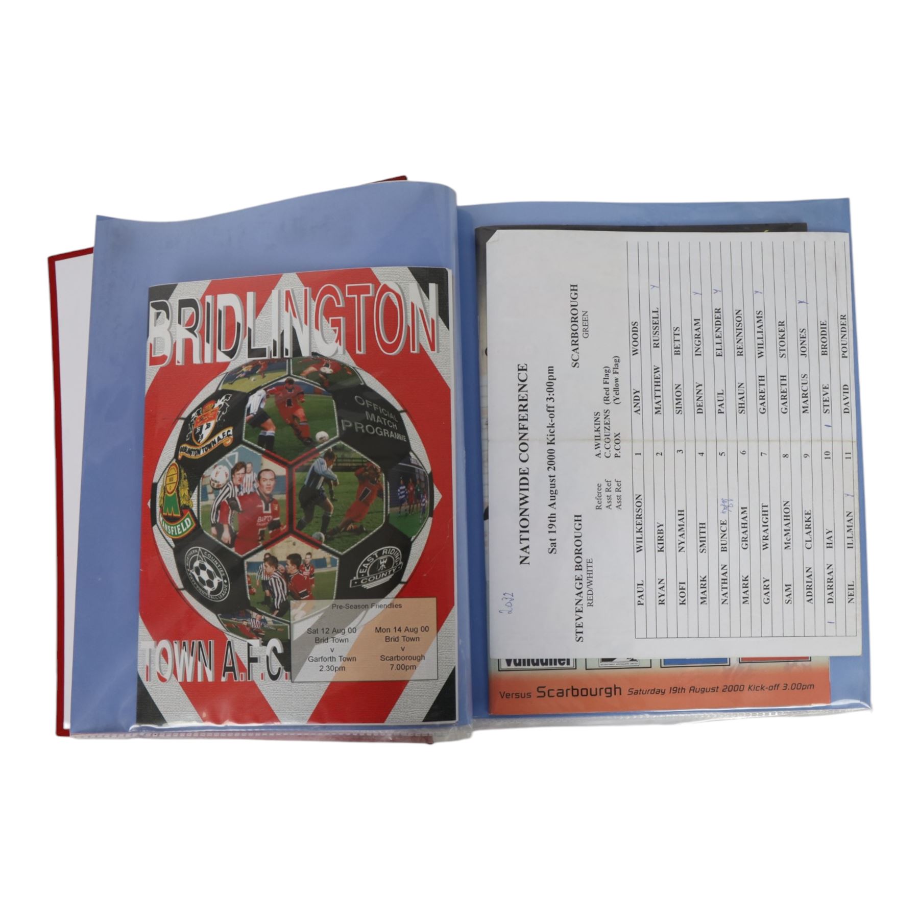 Comprehensive collection of approximately two hundred and twenty Scarborough FC football programmes for the 1999/00, 2000/01, 2001/02 and 2002/03 seasons, all filed within eight dedicated Scarborough FC red Home and Away binders