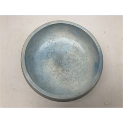 Wooden hand painted bowl, decorated with trees on a blue ground, signed Phil Crennell beneath, D28cm