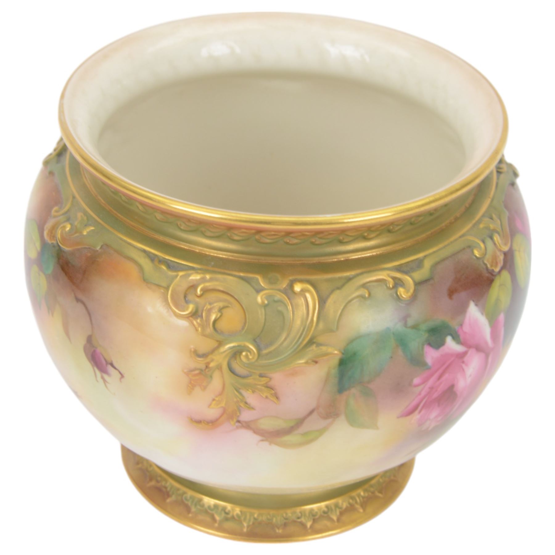 Early 20th century Royal Worcester jardiniere, painted  with pink and yellow roses amongst green foliage, signed A. Chidley with printed mark beneath and date code for 1910, H17cm