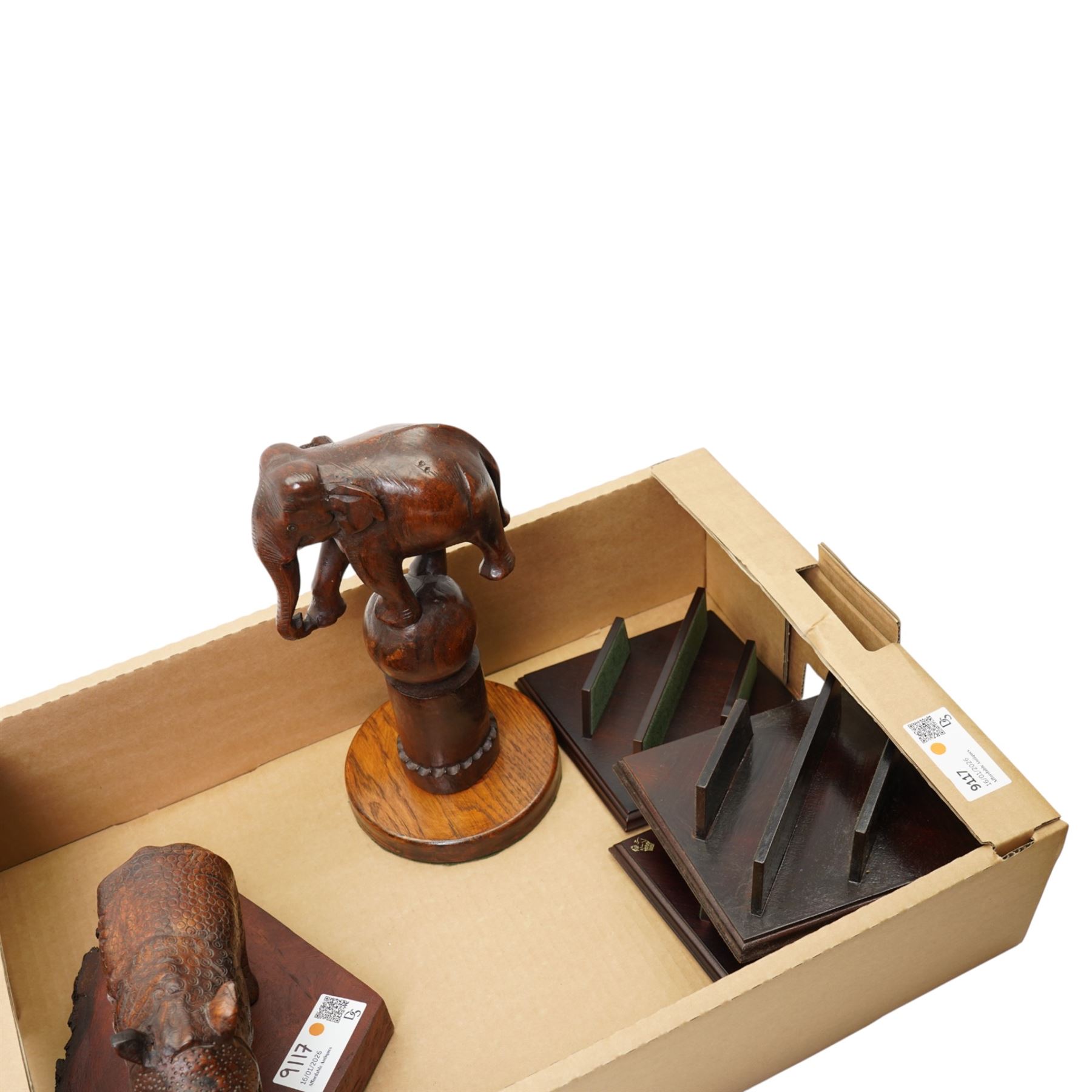 Two contemporary satsuma jardinieres, carved Rhinoceros and Elephant, and three stands