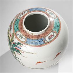 Chinese famille verte ginger jar, painted with figures in a garden setting, apocryphal Qianlong mark to base, H24cm