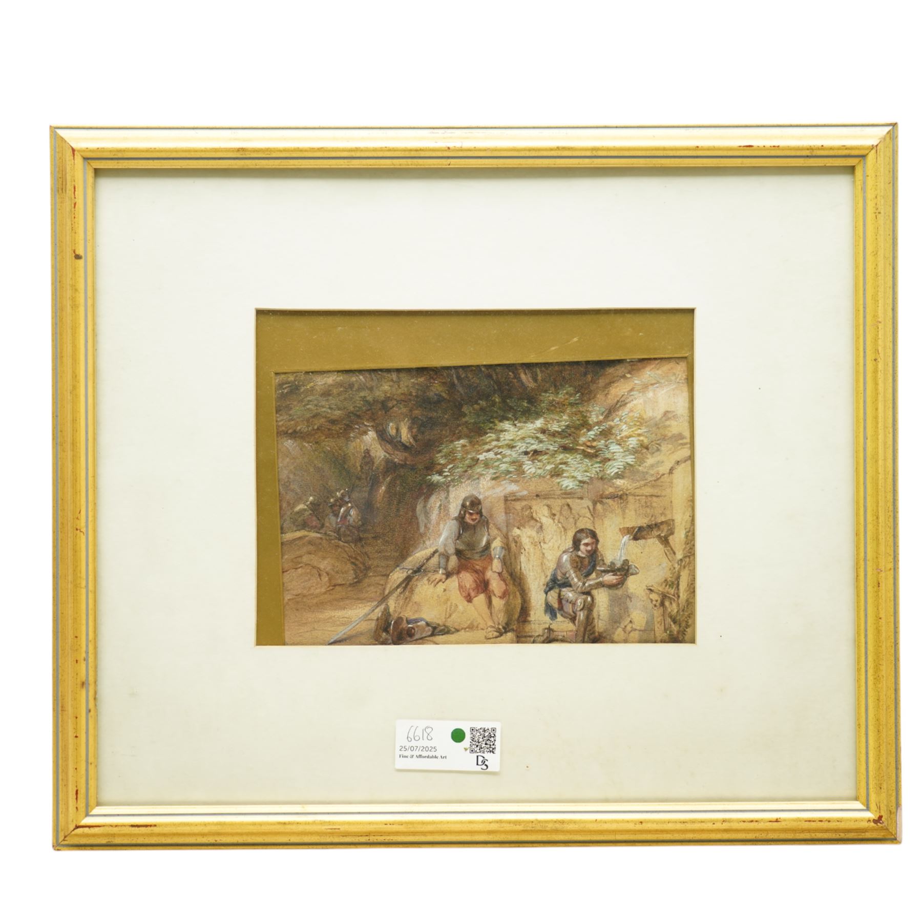 Circle of George Cattermole (British 1800-1868): The Lord's Entrance and Knights at Rest by Sarcophagus, two watercolours signed; (Henry William Lowe) Hurst (British 1865-1938): 'Old Cronies', watercolour signed max 27cm x 42cm (3)