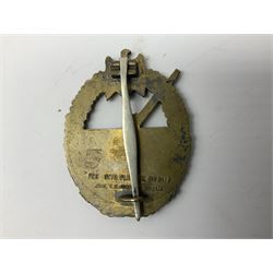 Three WW2 German badges comprising Blockade Runner War Badge and Coastal Artillery badge, both marked 'Fec Otto Placzec Berlin'; and Infantry Assault Badge; all with fixing pins (3)