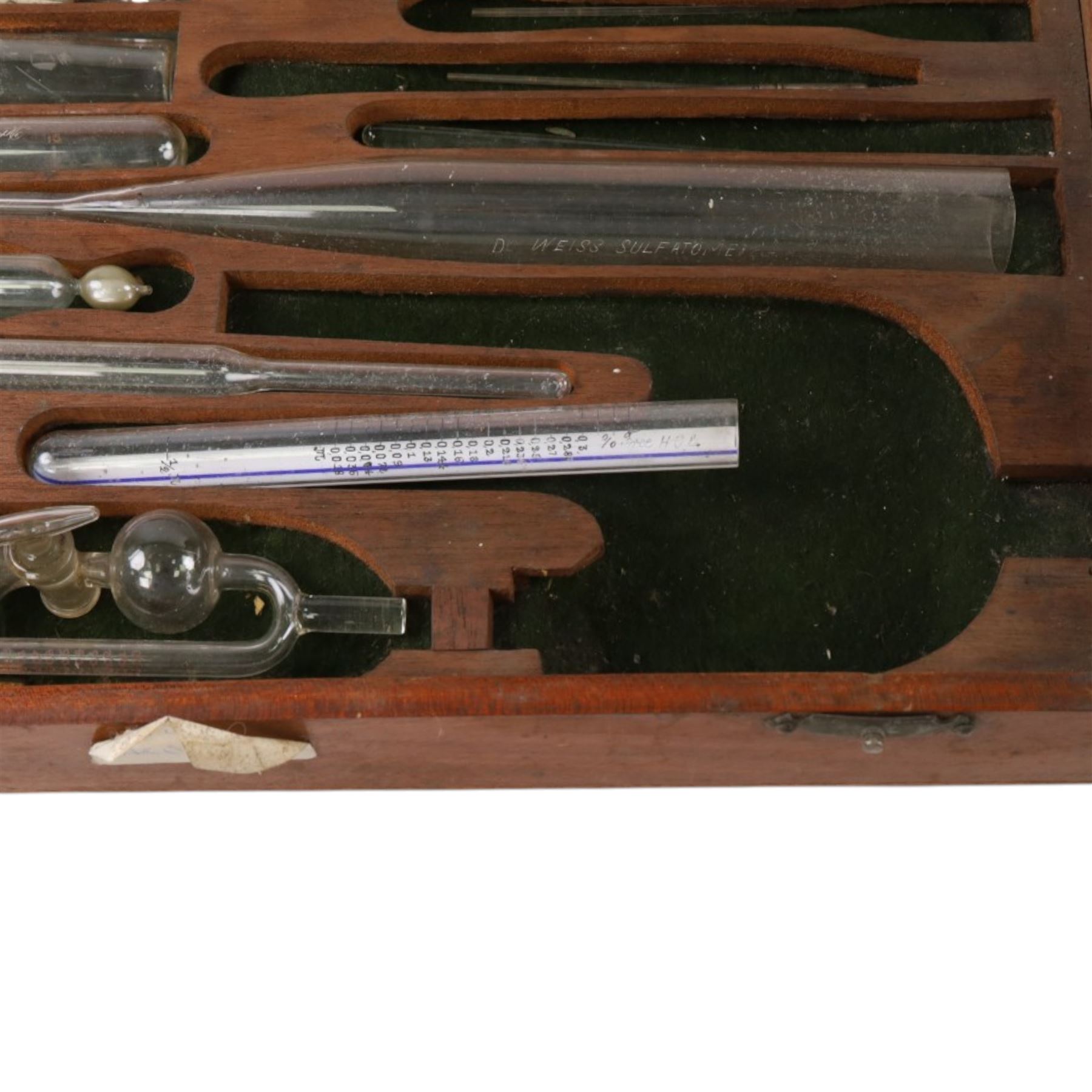 Medical instruments, including glass thermometers, unicometer, sulfatometer, ammonia meter, acidimeter for urine, albumenometer, sacchanometer, syringes etc, contained within wooden box
