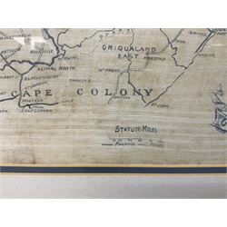 Boer War cotton handkerchief printed with portraits of Lord Roberts and Queen Victoria with a map of Southern Africa and Kipling's The Absent Minded Beggar, framed, handkerchief 44.5 x 43cm