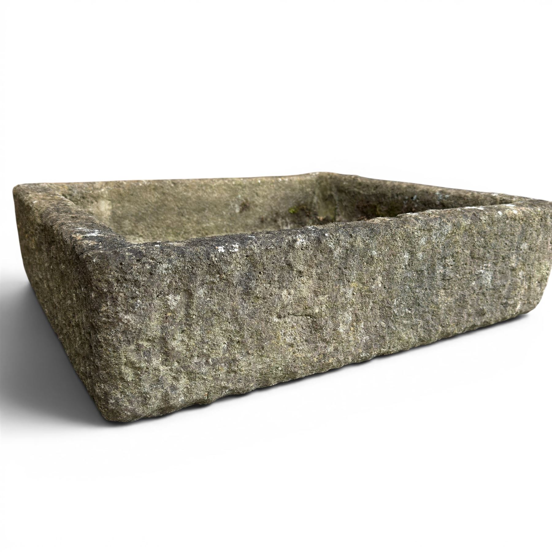 Three weathered composite stone rectangular planters, shallow form